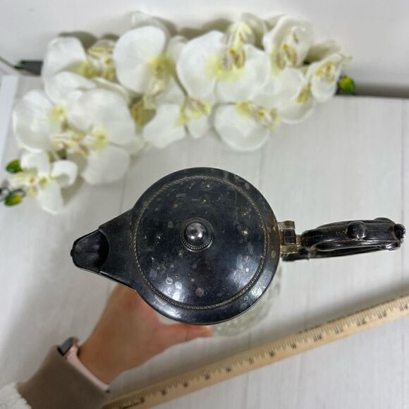 Large Silver Plate Cut Clear Glass Serving Pitcher Carafe - Picture 10 of 13